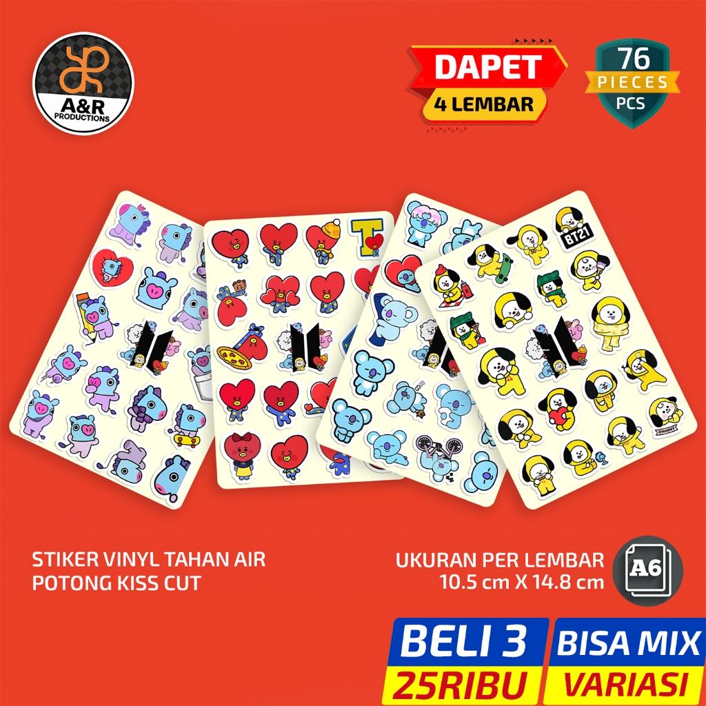 

Stiker Pack BT21 Line Friends BTS, Aesthetic Lucu, Potong Pola Kiss Cut – Vinyl Tahan Air