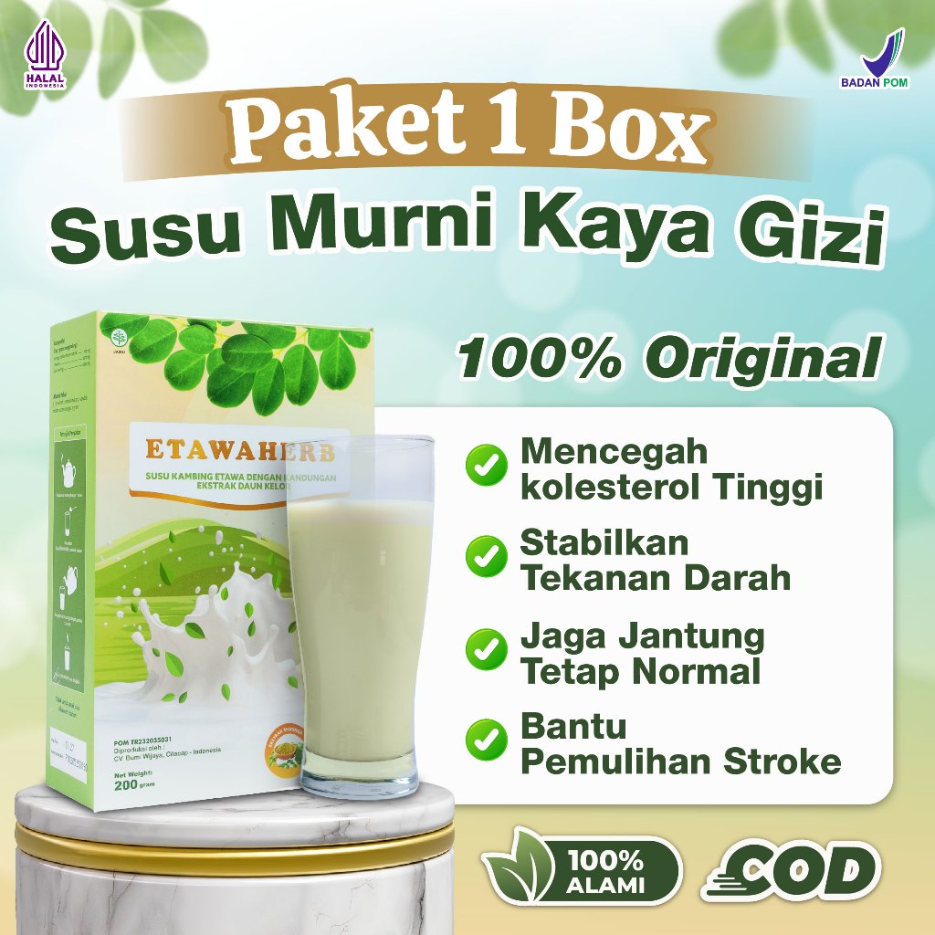 

Etawaherb Susu Kesehatan Herbal | Atasi Stroke, Jantung, Kolesterol & Tekanan Darah Tinggi | Susu Etawa + Daun Kelor BPOM Halal | Jaga Sirkulasi & Imun Tubuh | COD