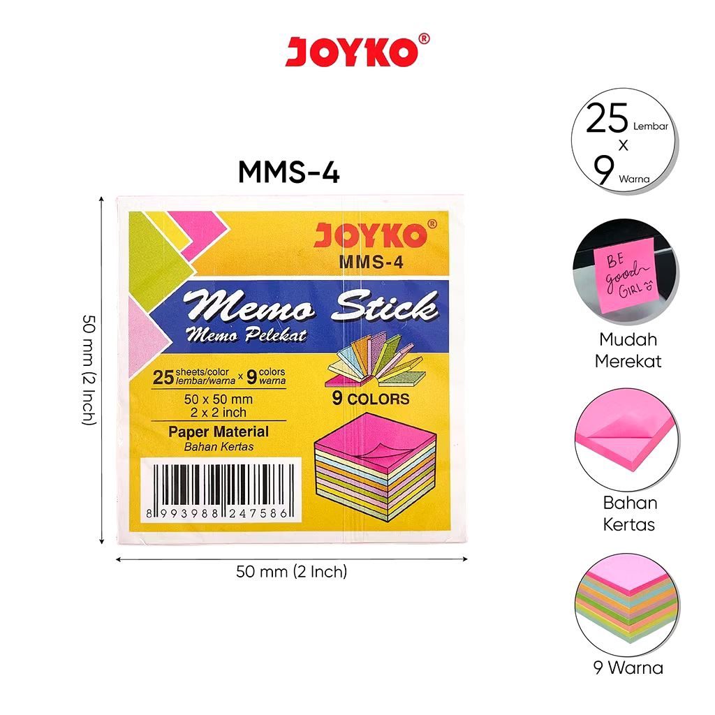 

Joyko MMS-4 | Memo Stick Color | Sticky Note Warna | Kertas Memo 50mmX50mm | Memo Tempel 9 Warna