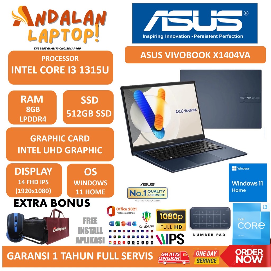 Asus Vivobook Intel Core i3 Gen 13 X1404ZA Ram 8 GB Ssd 512 GB Nvme Layar 14 FHD Terbaru windows ori