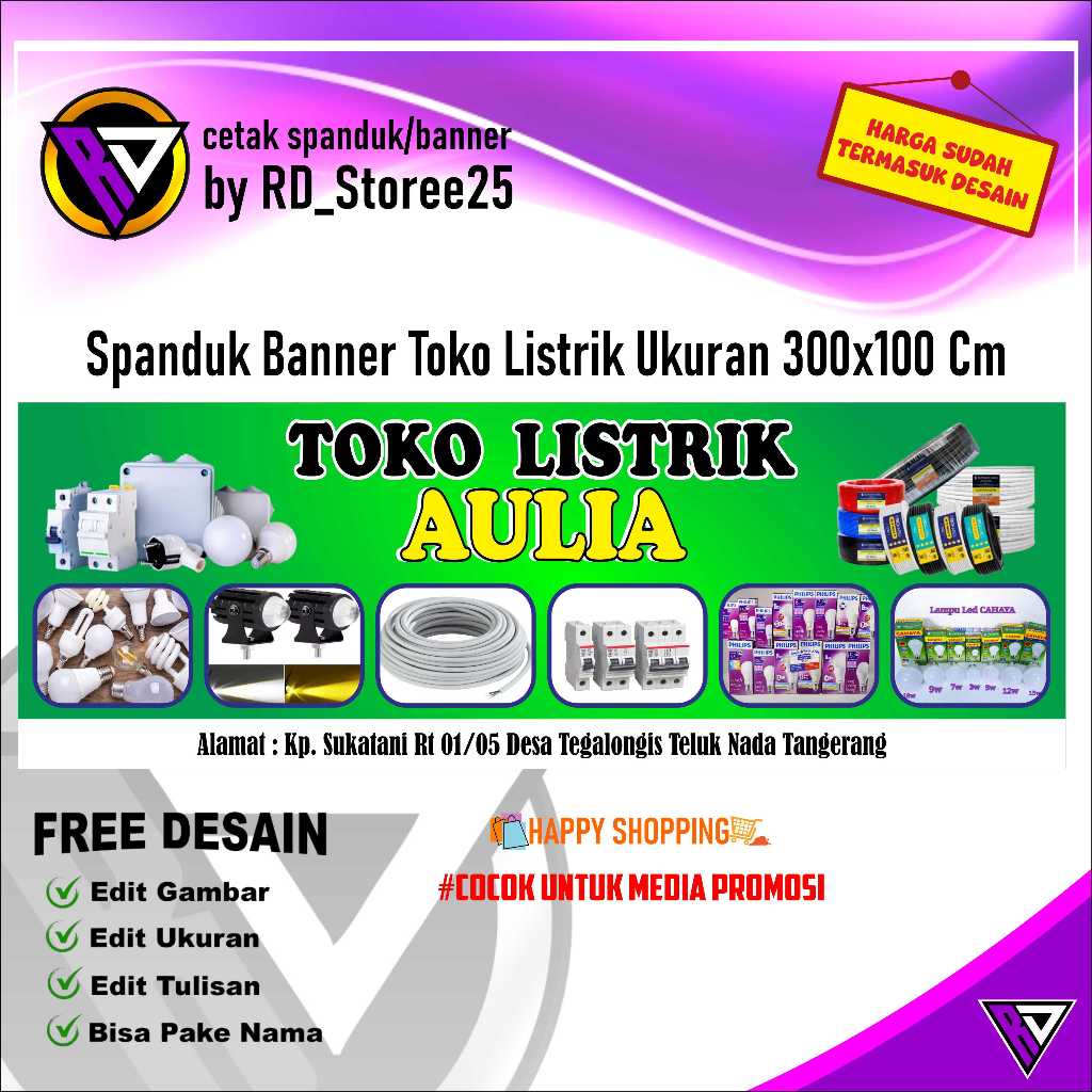 Spanduk Banner Toko Listrik Ukuran 300x100 Cm