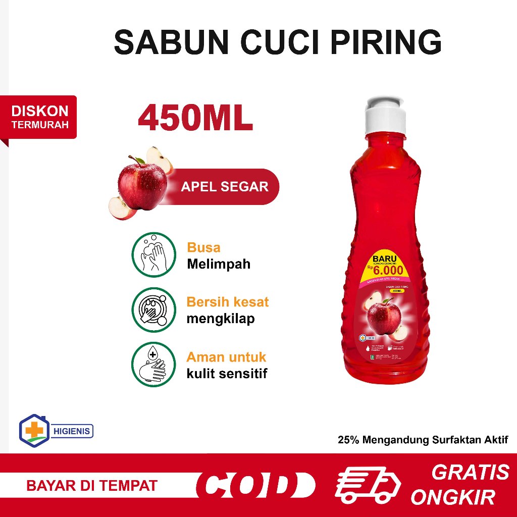 Sabun Cuci Piring 450ml Aroma Buah Apel Segar Busa Melimpah dish soap Kemasan Botol 450ml tutup Flip