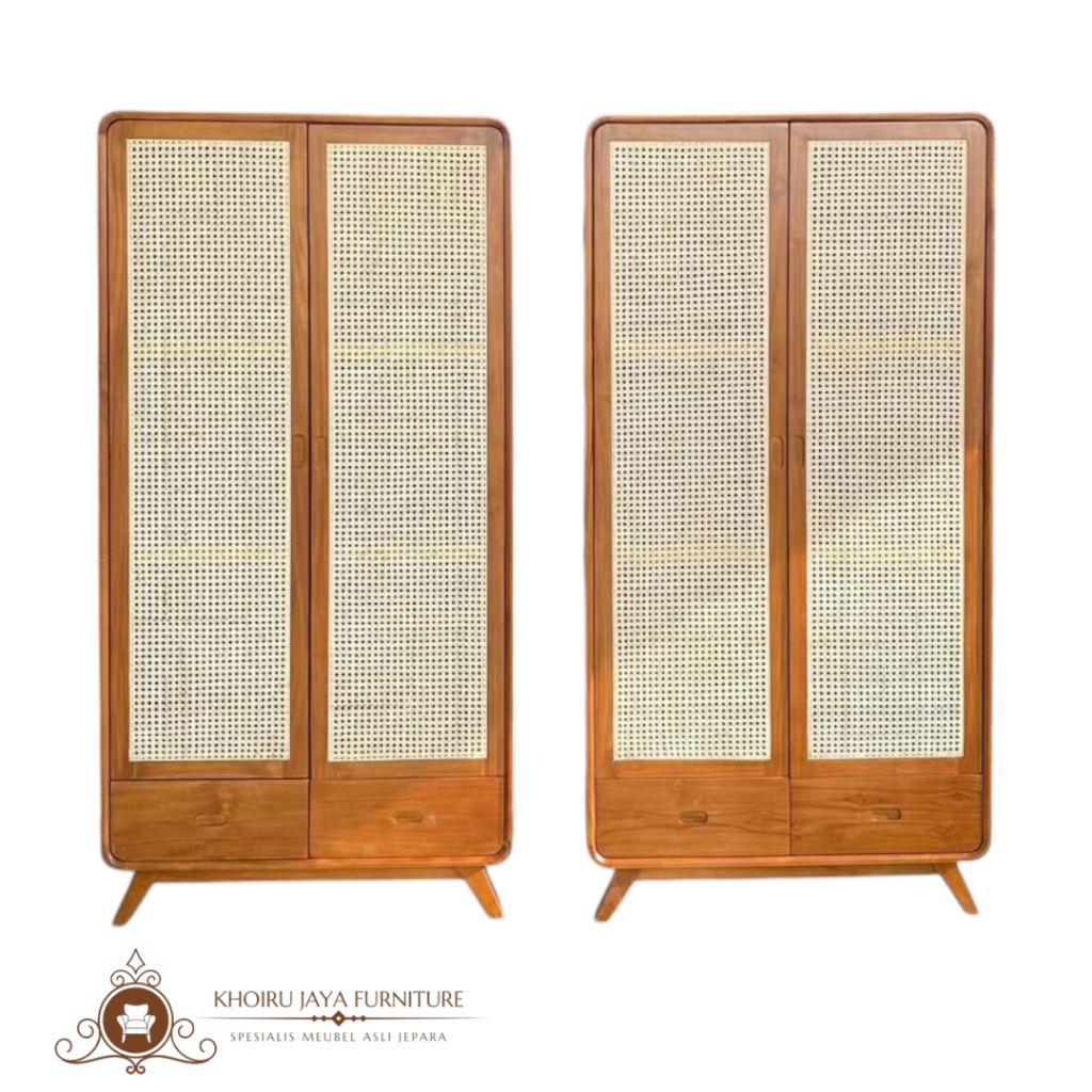 Lemari Pakaian / Almari Baju Minimalis Retro P2 Bahan Kayu Jati Kombinasi Rotan Produksi Asli Jepara