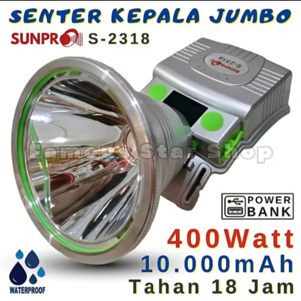 cod senter kepala 400wat s-2318 10000mah tahan 18 jam sunpro senter kepala jumbo