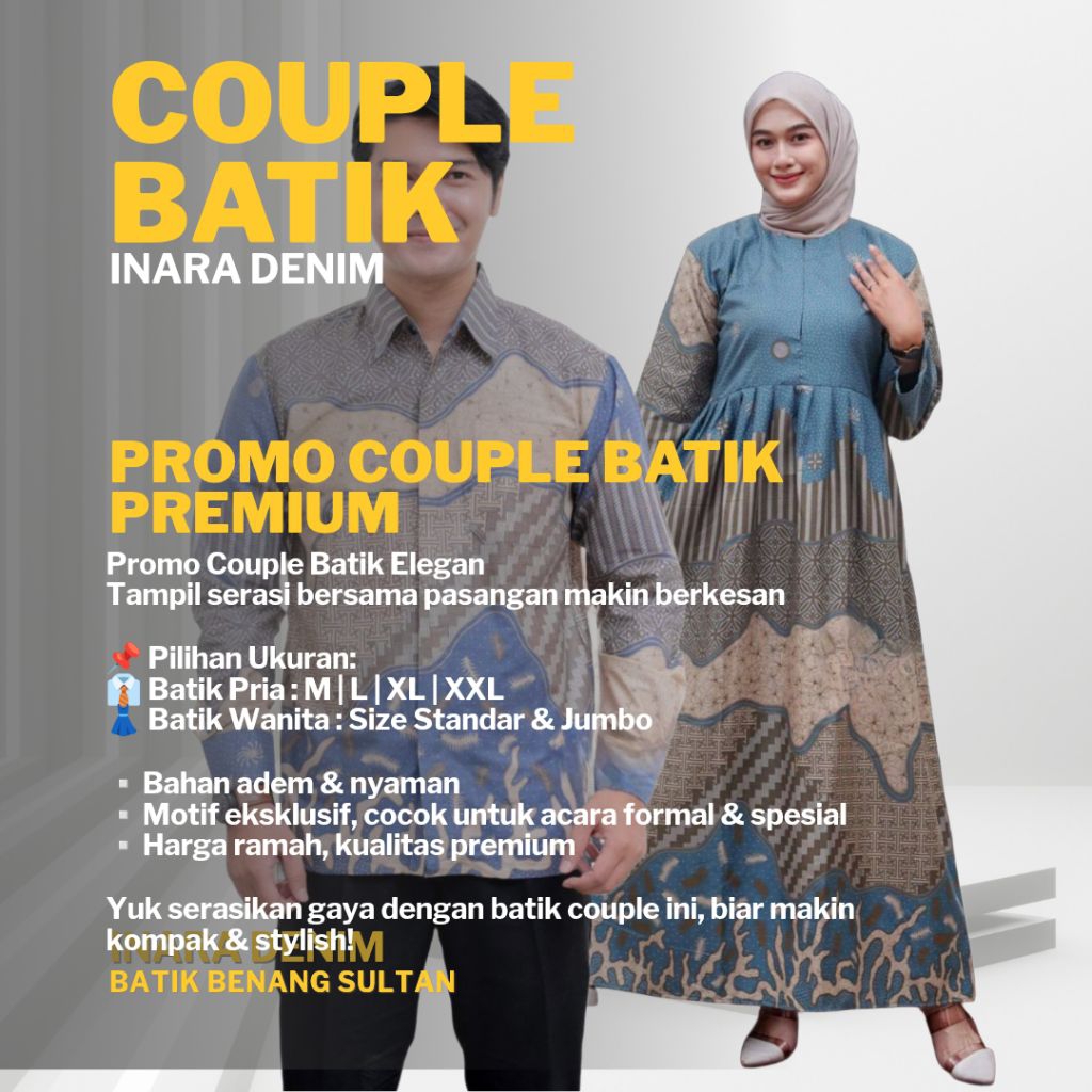 COUPLE BATIK (BATIK LEGAN PANJANG & GAMIS), MOTIF INARA DENIM, HARGA PROMO & TERMURAH.