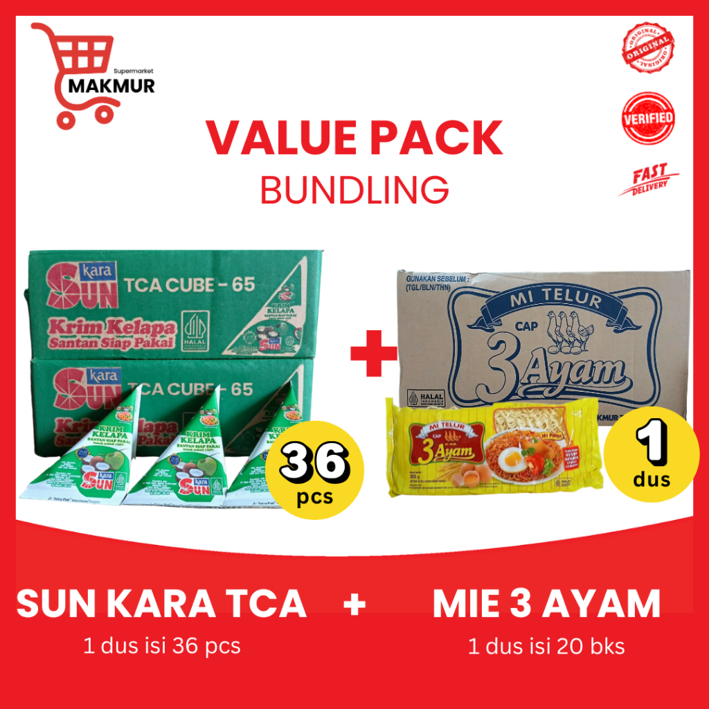 

[VALUE BUNDLE] SUN KARA Santan Kelapa 1 DUS isi 36 pcs @65ml + Mie Telur Cap 3 Ayam 1 DUS isi 20 pcs x200 gram/ Mie 3 Ayam [GROSIR] Tkmakmur24