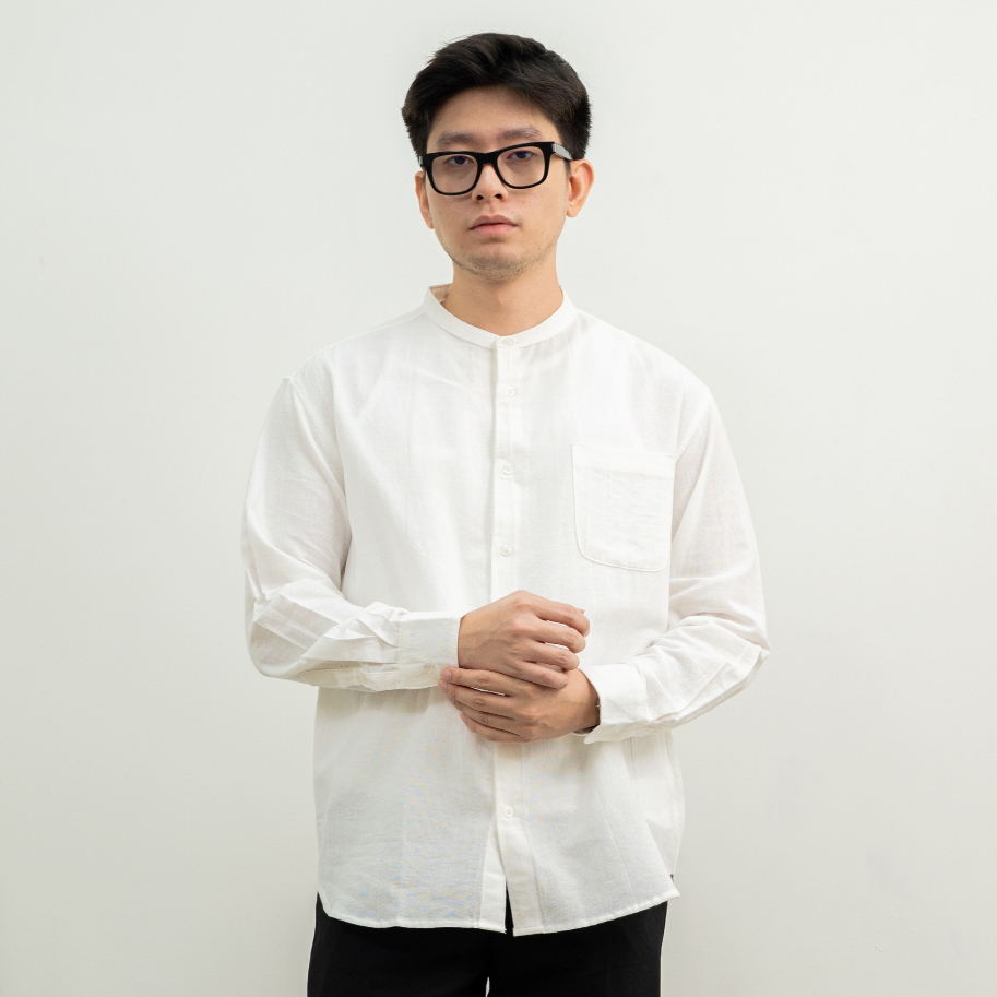 DIVSOUTH Kemeja Linen Putih Kemeja Panjang Pria Kerah Sanghai Koko Collarless Casual Premium