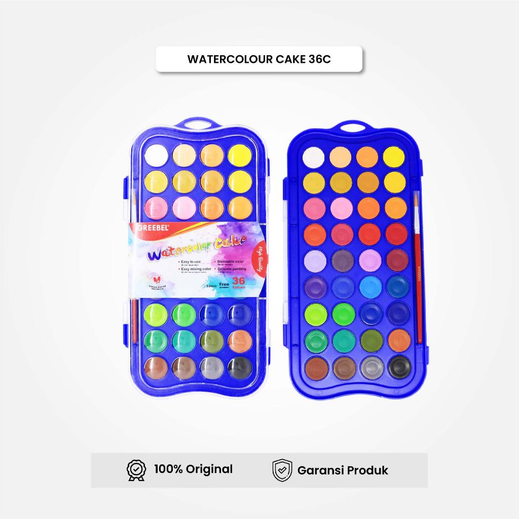 

GREEBEL Cat Air Padat 36 Warna / Watercolor Cake Set Isi 36 Warna Gratis Kuas / Timur Agung Grosir
