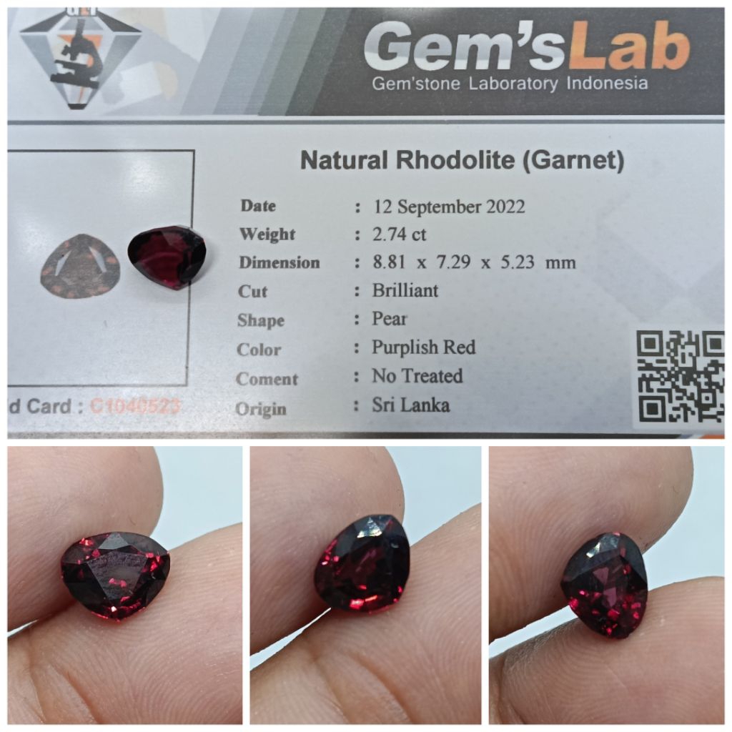 Natural Red Rhodolite garnet Ceylon Top Luster 2,7ct memo GLI
