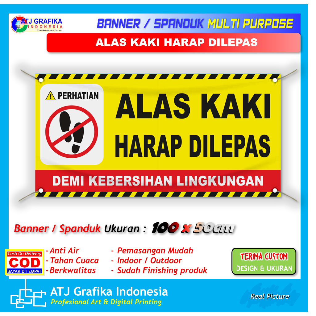 Banner spanduk alas kaki harap dilepas peringatan kebersihan lantai toko masjid batas sandal sepatu