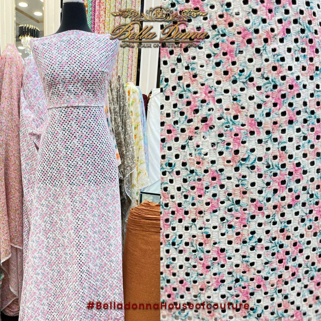 Katun Bolong Bordir Printing Warna Pastel – 0.5 METER / Kain Premium Elegan untuk Outer & Blouse – B