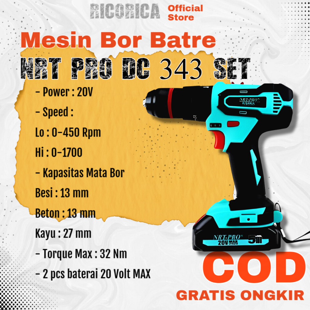 BOR BATTERY / BOR CORDLESS / BOR DRILL 13MM 20V DC 343 + SET HD NRT-PRO