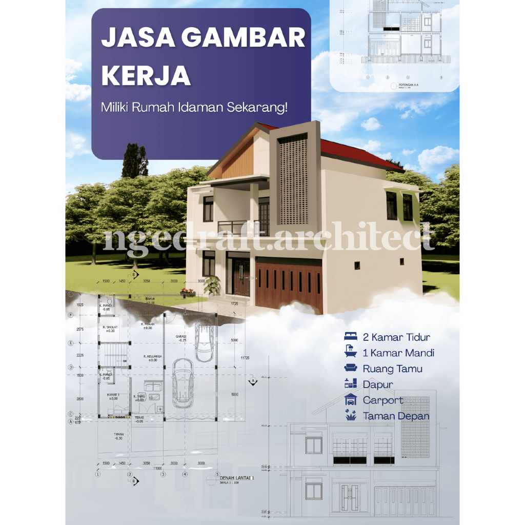 Jasa Gambar Kerja RUMAH DENAH, POTONGAN, MEP AUTOCAD, SKECTHUP, RENDER