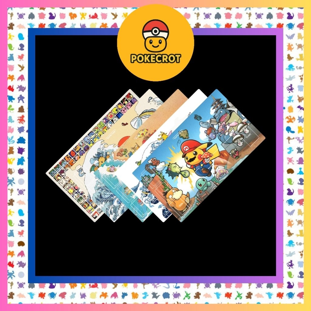 Playmat Pokemon TCG Premium – Desain Custom (Grid / No Grid) | Pikachu Mario, Charizard, Gengar, Lug