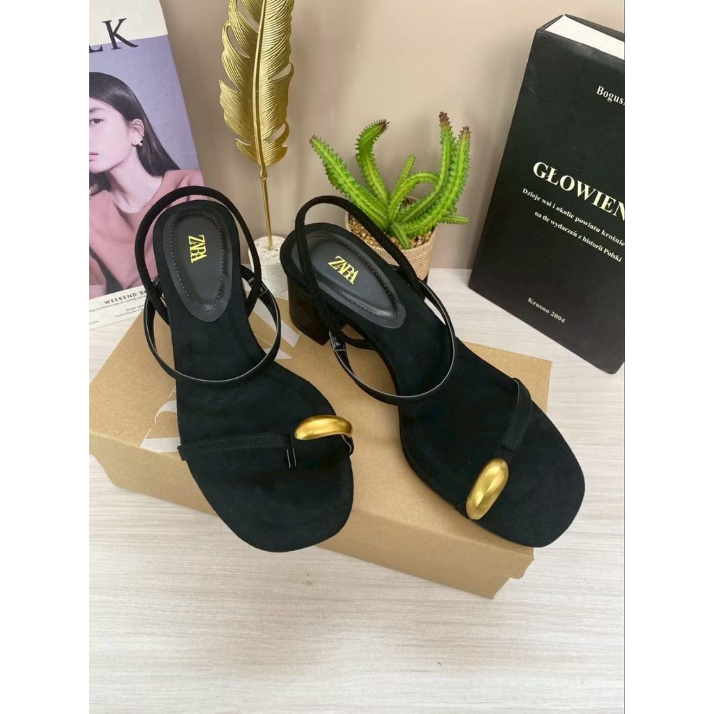 sandal wanita heels tofu Zara 5cm tali hitam