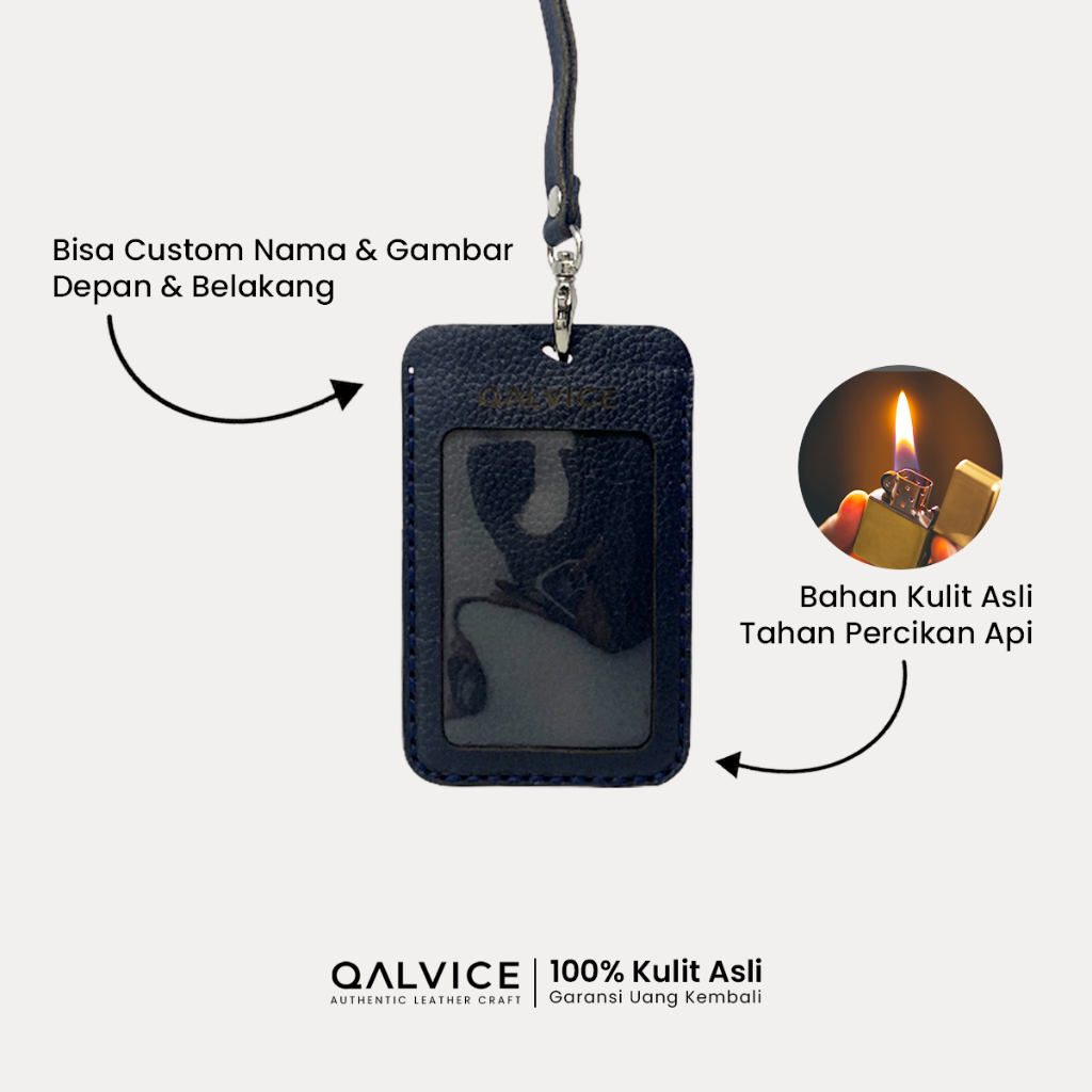 

QALVICE- ID Card Lanyard Name Tag 3 Lapis Bulat Kulit Sapi Asli - Gratis Custom Desain Nama & Gambar