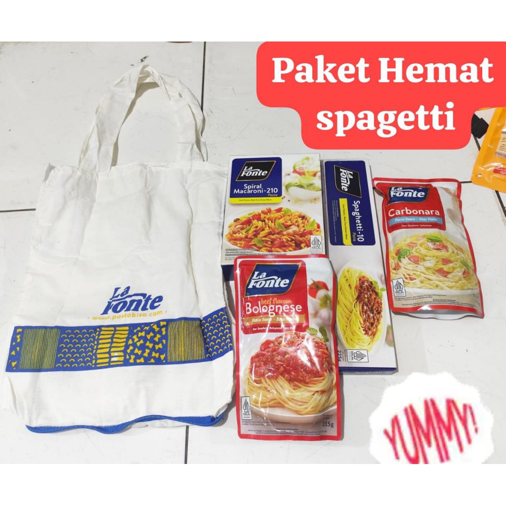 

Paket Hemat Spaghetti & Macaroni La Fonte 225gr + Saus Bolognese & Carbonara + Tas Exclusive