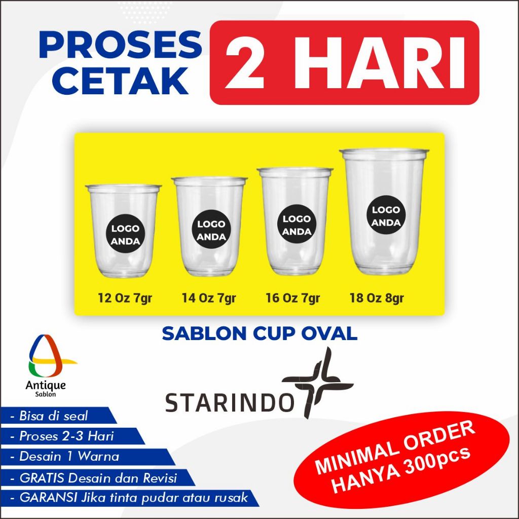 Sablon Cup Oval STARINDO Gelas Packaging Plastik PP Custom 12 Oz, 14 Oz, 16 Oz, 18 Oz Tebal 7-9 Gram