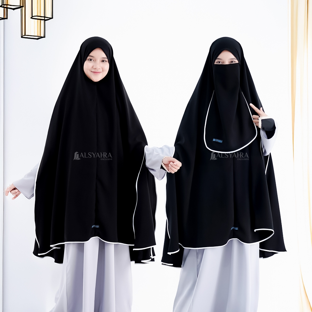 Alsyahra Exclusive - Set Khimar Syari Handsplit Bisban White Non Pet Cadar Tali Jetblack