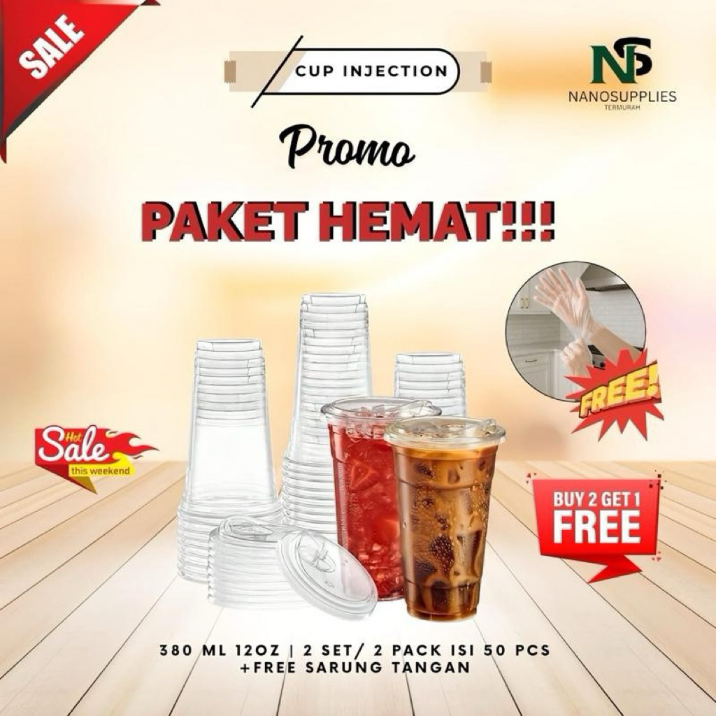 Paket Usaha Minuman – 2 Set Cup Injection Tebal + Tutup Food Grade BONUS Sarung Tangan | Gelas Cup T