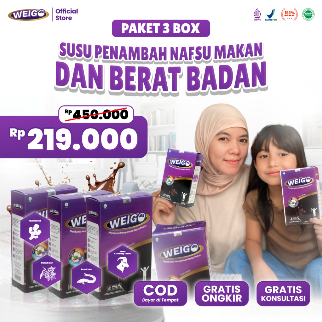 

WEIGO Paket 3 Box Susu Menambah Nafsu Makan, Berat Badan, Penggemuk Badan Dewasa & Anak BPOM Halal