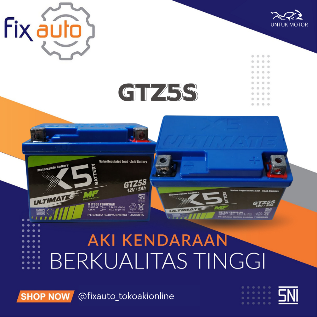 Aki Motor Beat, Vario 110, Scoopy, Blade, Kharisma, Revo Fit Series Aki Kering X5 Ultimate GTZ5S MF 