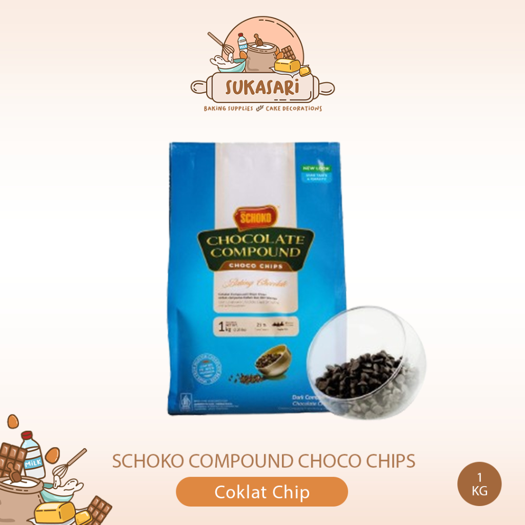 

SCHOKO Compound Choco Chips 1kg / Coklat Chip 1000gr / dark compound chip / Semi Sweet Chocolate