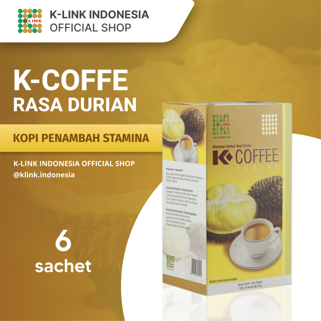 

K-COFFEE Durian Original K Link (1 Box isi 6 Sachet) Kopi Aroma Durian Meningkatkan Gairah dan Stamina serta Membantu Menurunkan Tekanan Darah K-Link Indonesia Official Shop K-Link Original Store Attauri