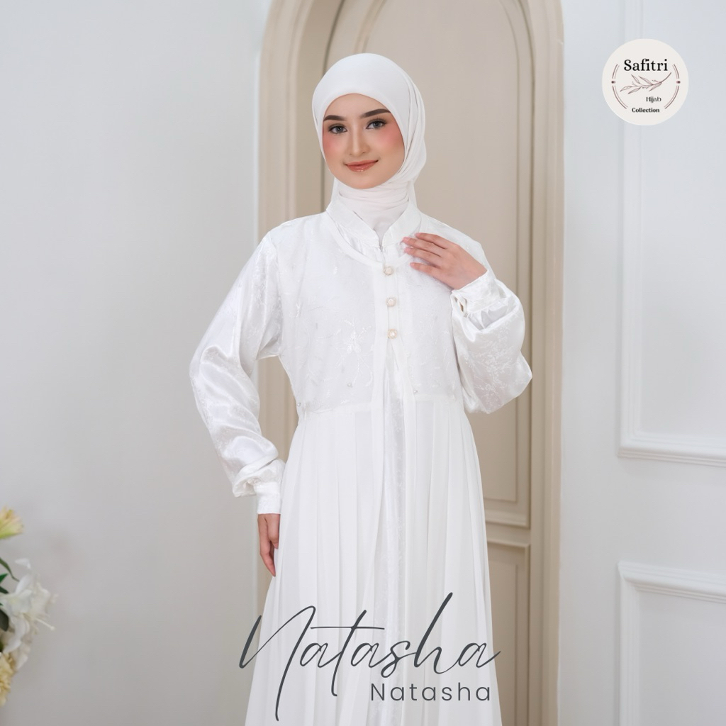 NATASHA DRESS gamis putih hitam putih tulang bahan silk mewah kondangan by Ammara Fashion