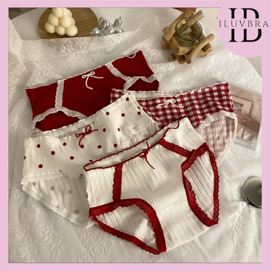 •ILUVBRA• CD2143 Celana Dalam Red Wanita Lucu CD Style Jepang  Renda Pita Merah Fashion Korean