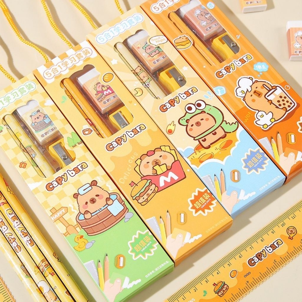 

Set Alat Tulis Lucu Capybara 5 in 1 – Pensil, Penghapus, Rautan, Penggaris