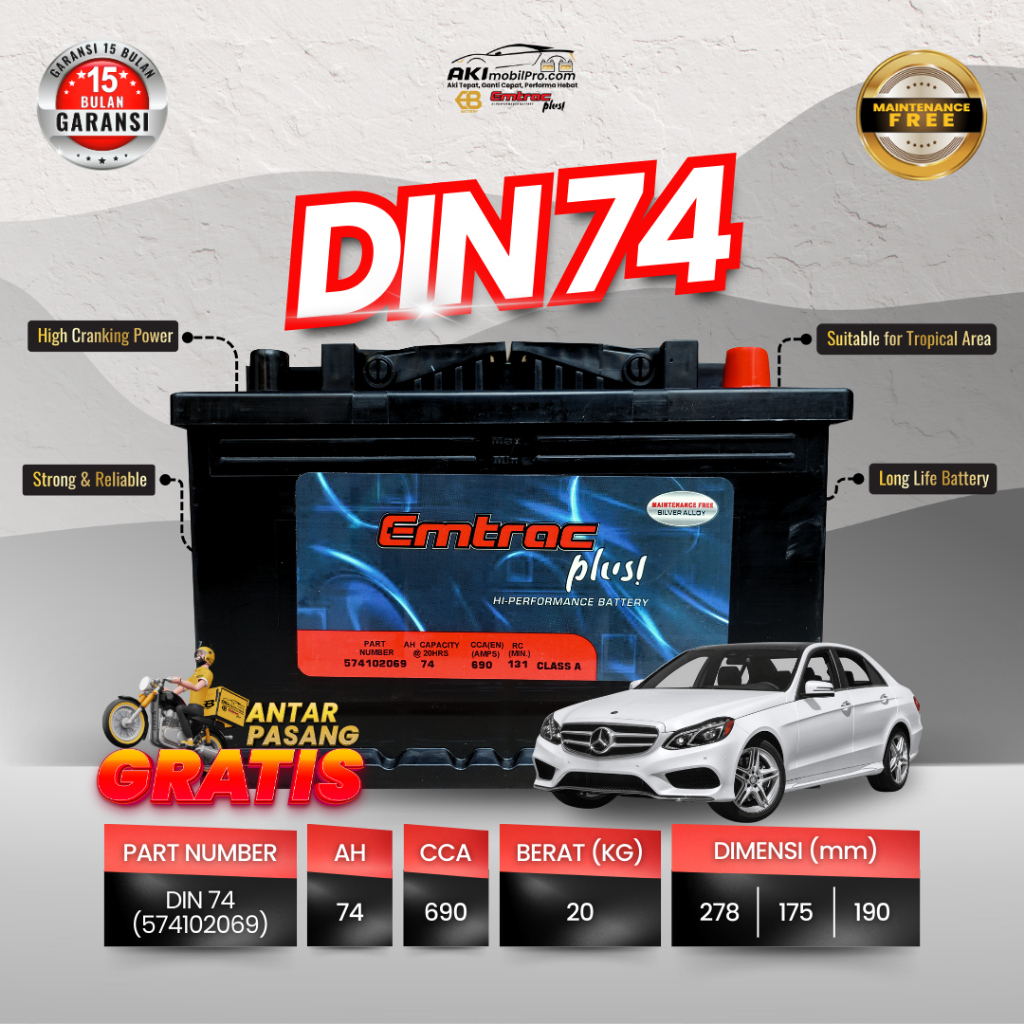 Aki Mobil Volvo S80, XC90, 850, 960 | EMTRAC PLUS MF DIN74 (574102069) 74Ah CCA 690Amps Kering Berga