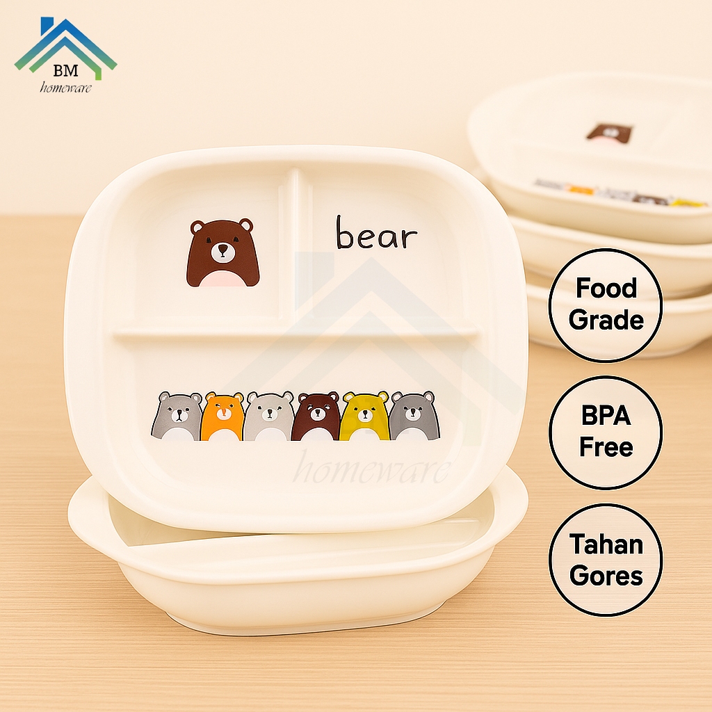 Piring Anak 3 Sekat Melamin Motif Kartun Lucu / Piring MPASI 3 Kompartemen Melamin