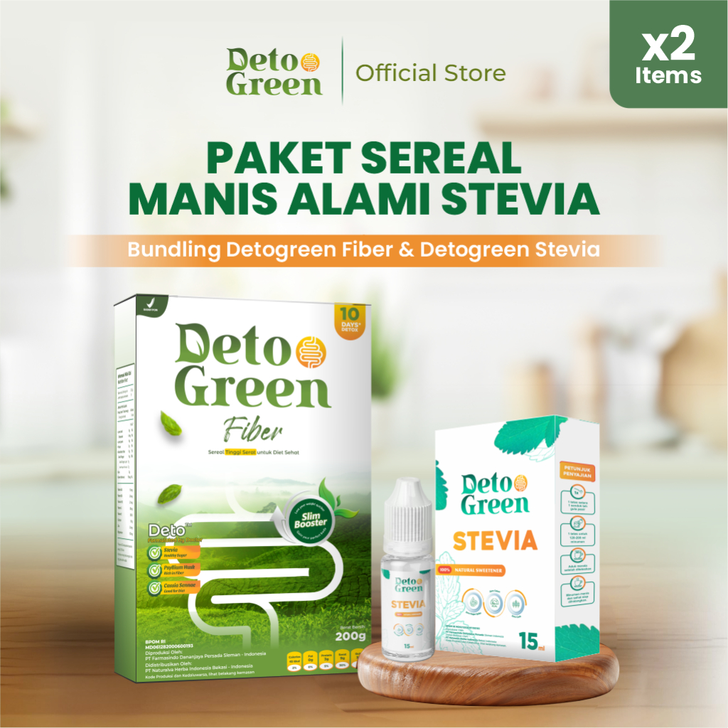 (BUNDLING) Detogreen Fiber dan Detogreen Stevia Sereal Organik Manis Alami Stevia Cair Gula Tetes 2 