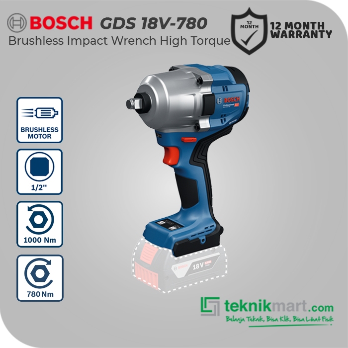 Bosch Brushless Impact Wrench / Kunci Impact Baterai 18Volt SQ 1/2" GDS 18V-780 (UNIT ONLY)