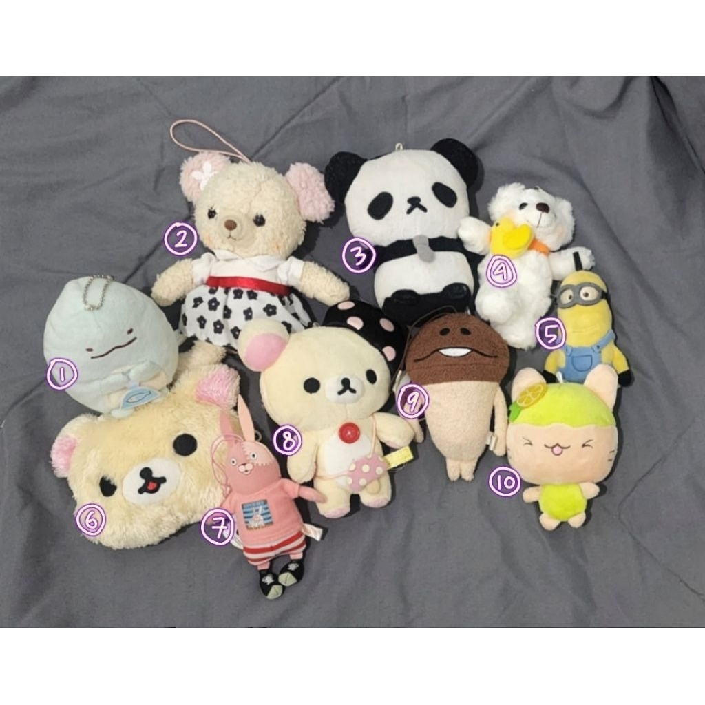 various plush ganci keychain - korilakkuma, ojipan panda, tokage sumikko gurashi, nameko mushroom, m