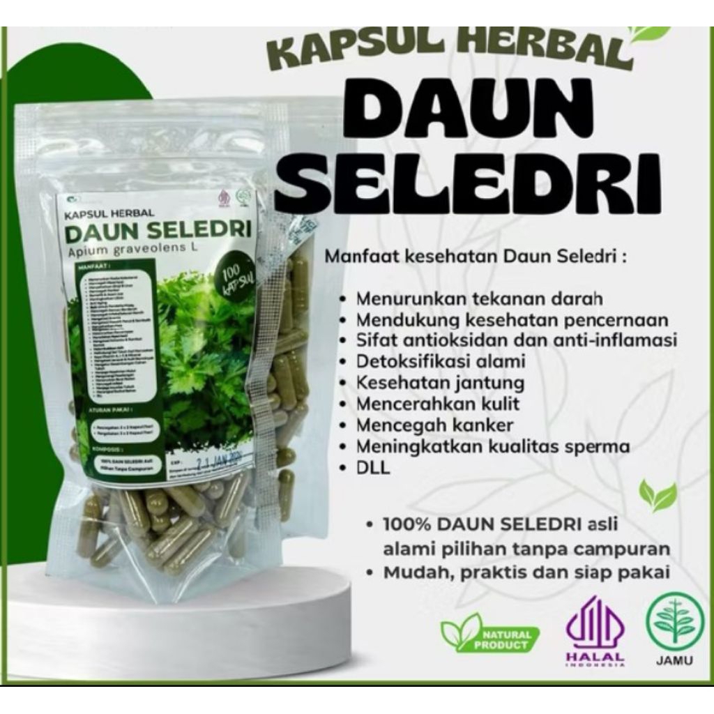 

kapsul daun seledri murni 100% sejuta manfaat/daun seledri kapsul 1pack isi 100butir
