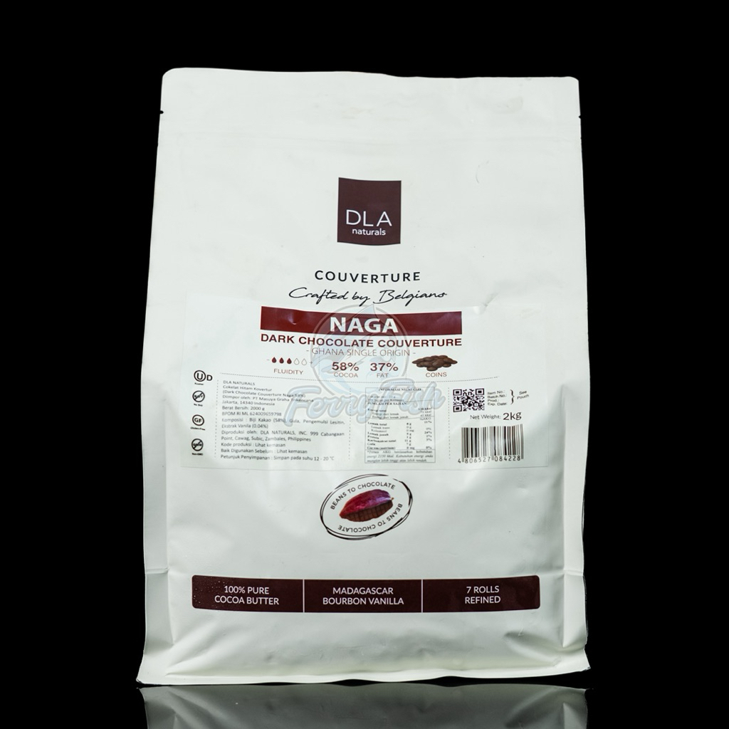 

DLA Naturals Naga 58% Dark Chocolate Couverture / Cokelat Coin Baking 1 KG