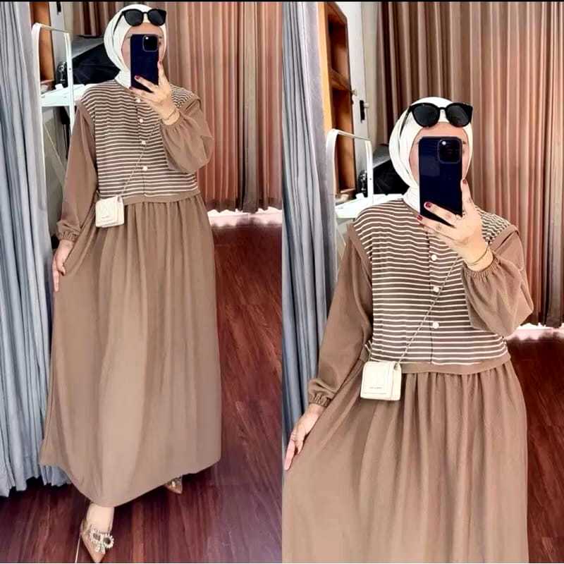 Azoya Midi Dress Gamis Salur Kombinasi Polos Gamis Katun Premium Gamis Lebaran Model Terbaru Gamis W