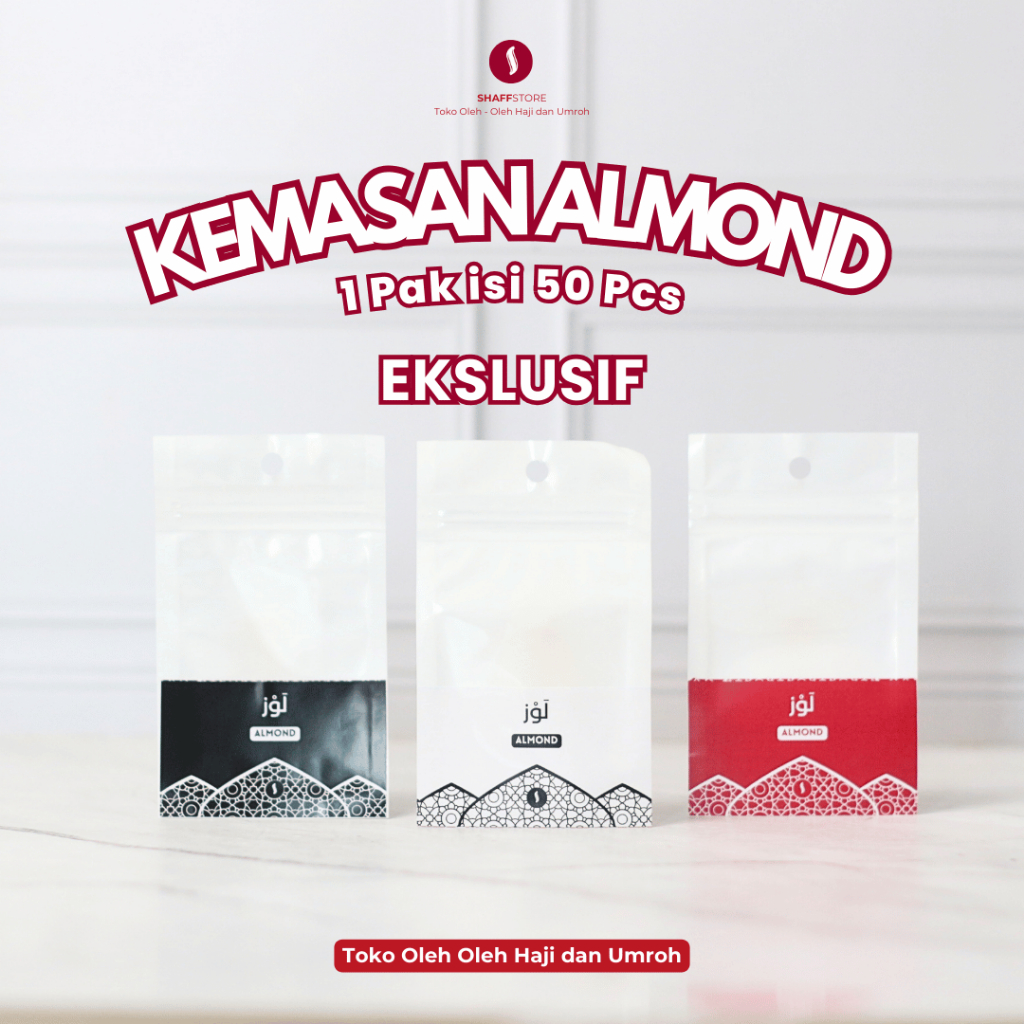 

Kemasan Almond Ekslusif Oleh oleh Umroh Kemasan Tanpa Isi Hanya Plastik 1 Pak isi 50 pcs