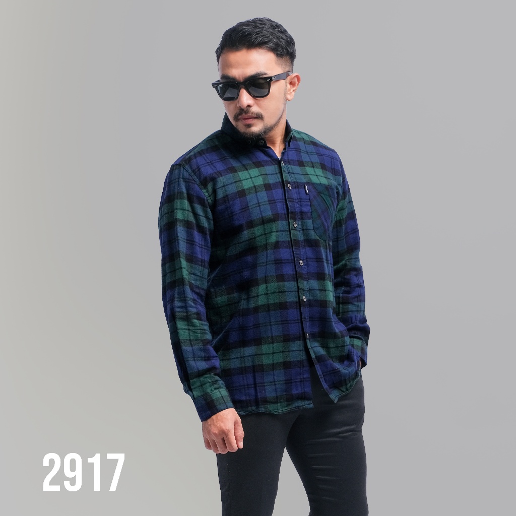 PAKAJI Kemeja Flanel Pria Lengan Panjang Navy Hijau Garis Hitam Kemeja Pria Flanel Pria Kemeja Panja