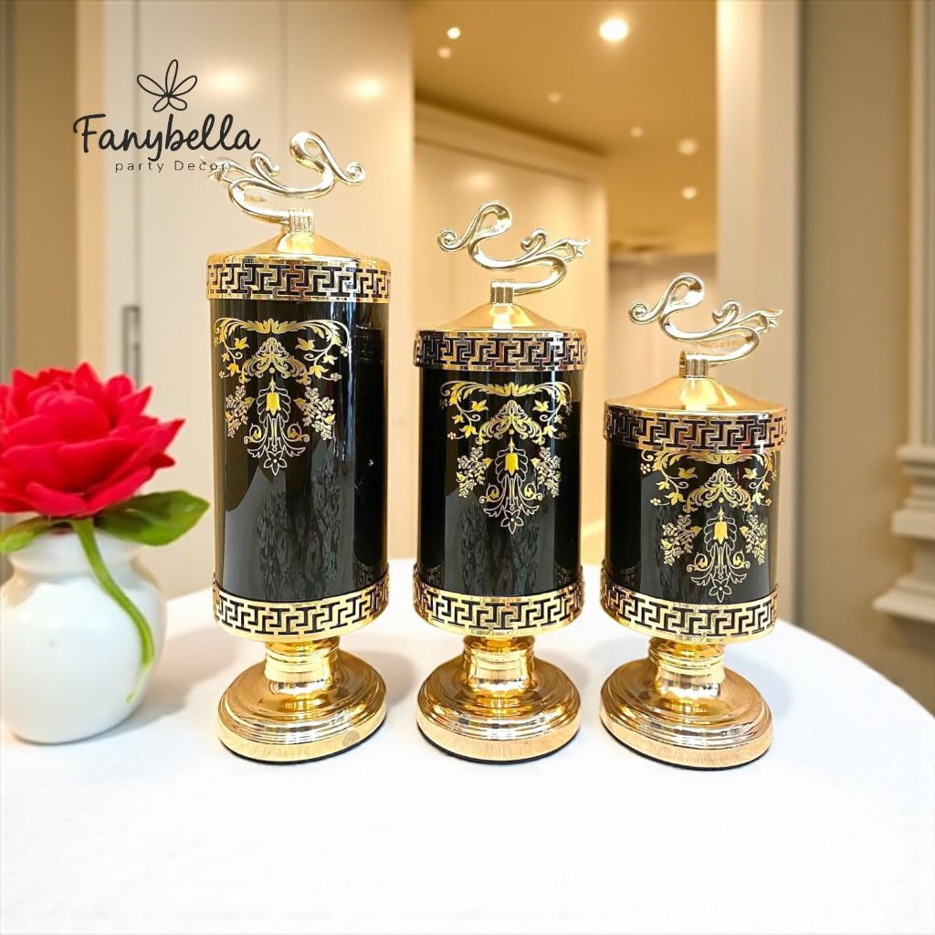 Toples Kaca Satuan Black Gold Hitam Emas Ulir Sultan Import Lebaran Dekorasi Rumah