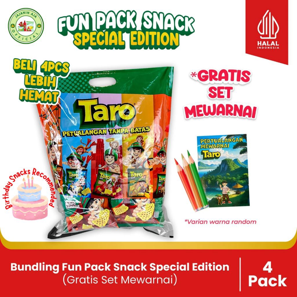 

Bundling 4Pack - Fun Pack Snack Anak Special Edition | Paket Hampers Jajanan Anak + Bonus Set Mewarnai 3 Pensil Warna