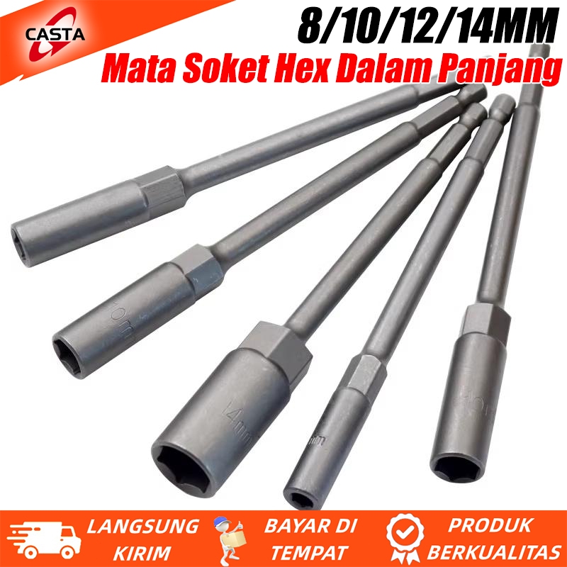 CASTA Mata Socket Hexagonal 8mm 10mm 12mm Mata Kunci Shock Panjang 15cm Hex Soket Nut Adaptor Socket