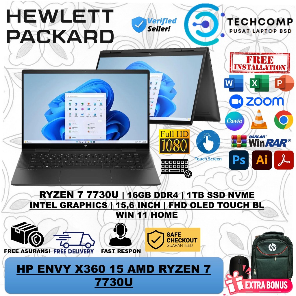 LAPTOP KERJA HP ENVY X360 15 AMD RYZEN 7 7730U 16GB 1TB 15.6 FHD OLED TOUCHSCREEN