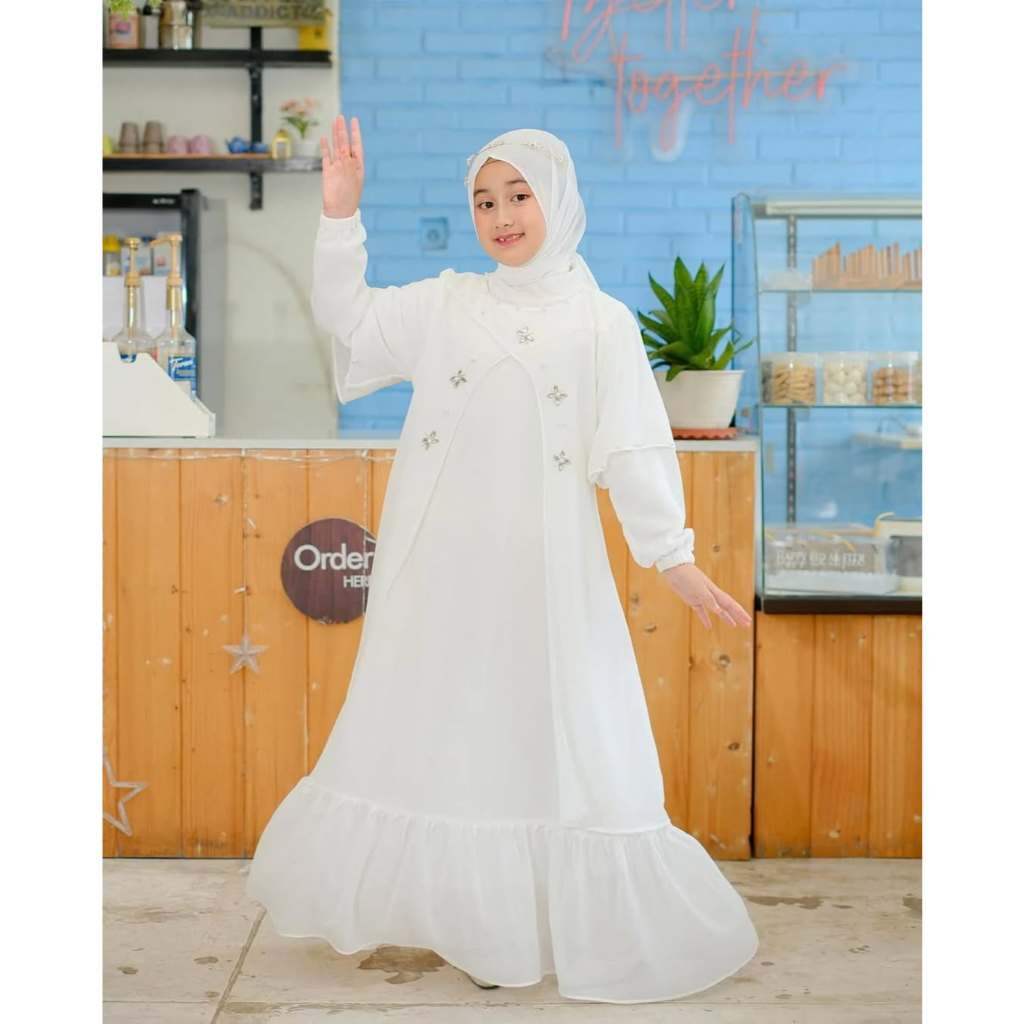 Abaya Zaina Kids 5-14 Tahun Mewah Bahan Ceruty Babydoll Payet Mutiara Mewah Varian Warna Salem, Fant