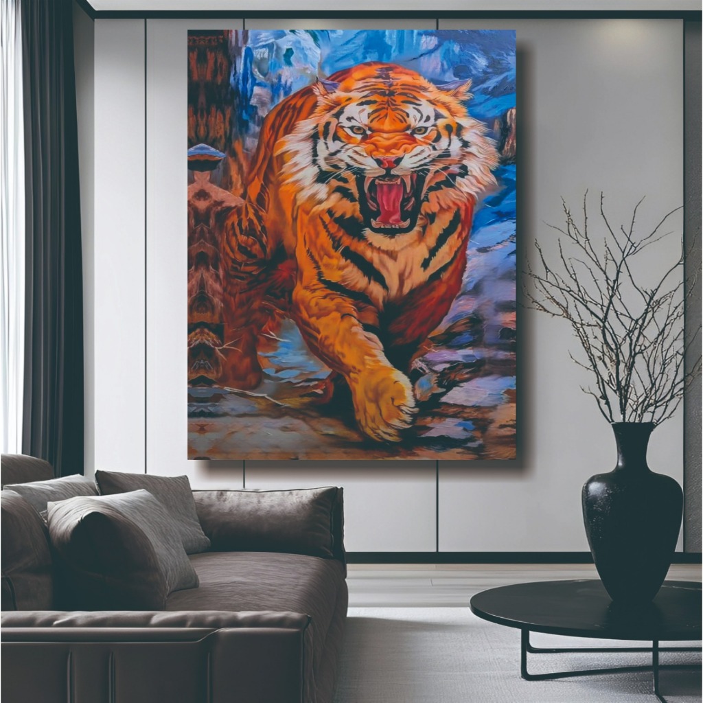 Hiasan Dinding Macan Loreng Biru Media kain kanvas Premium Proses Digitalprint