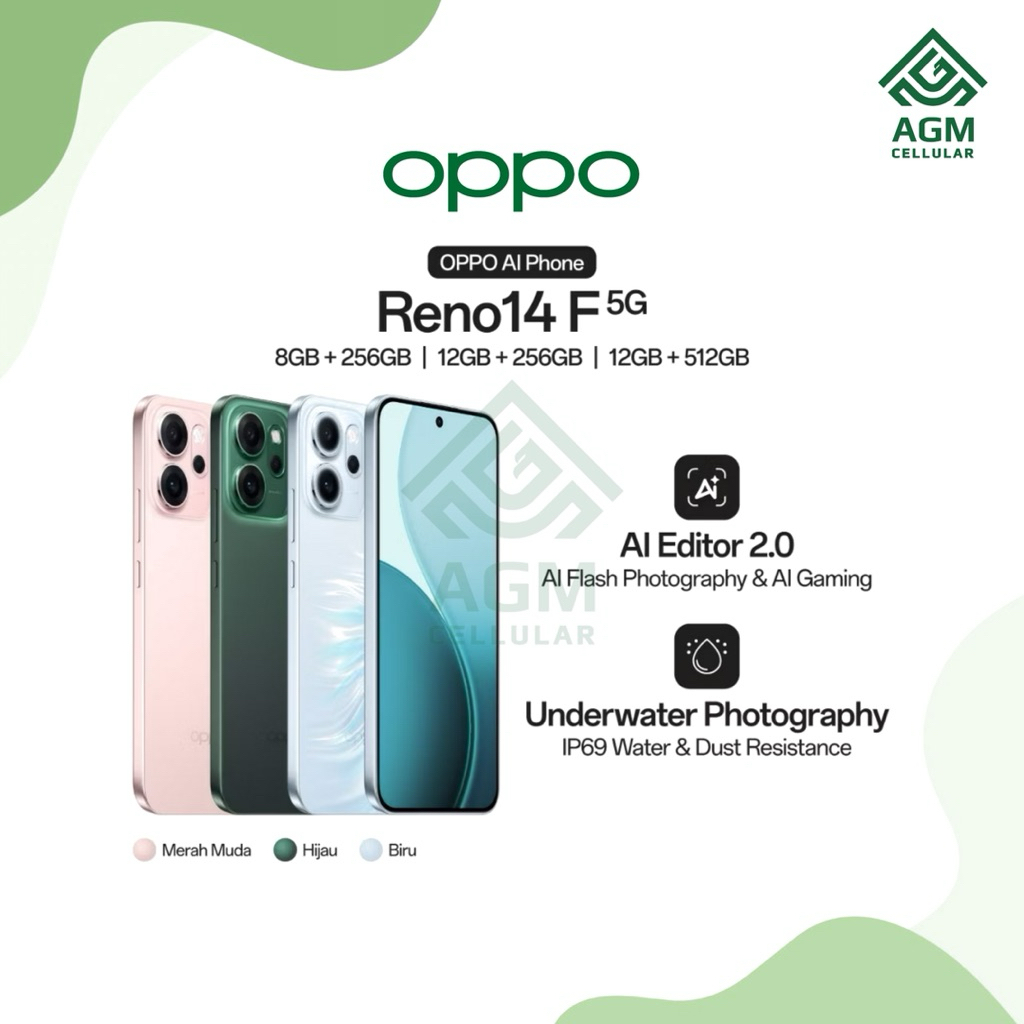 HANDPHONE OPPO RENO 14F 5G RAM 12GB/256GB | 8GB/256GB (Hijau, Merah Muda, Biru)