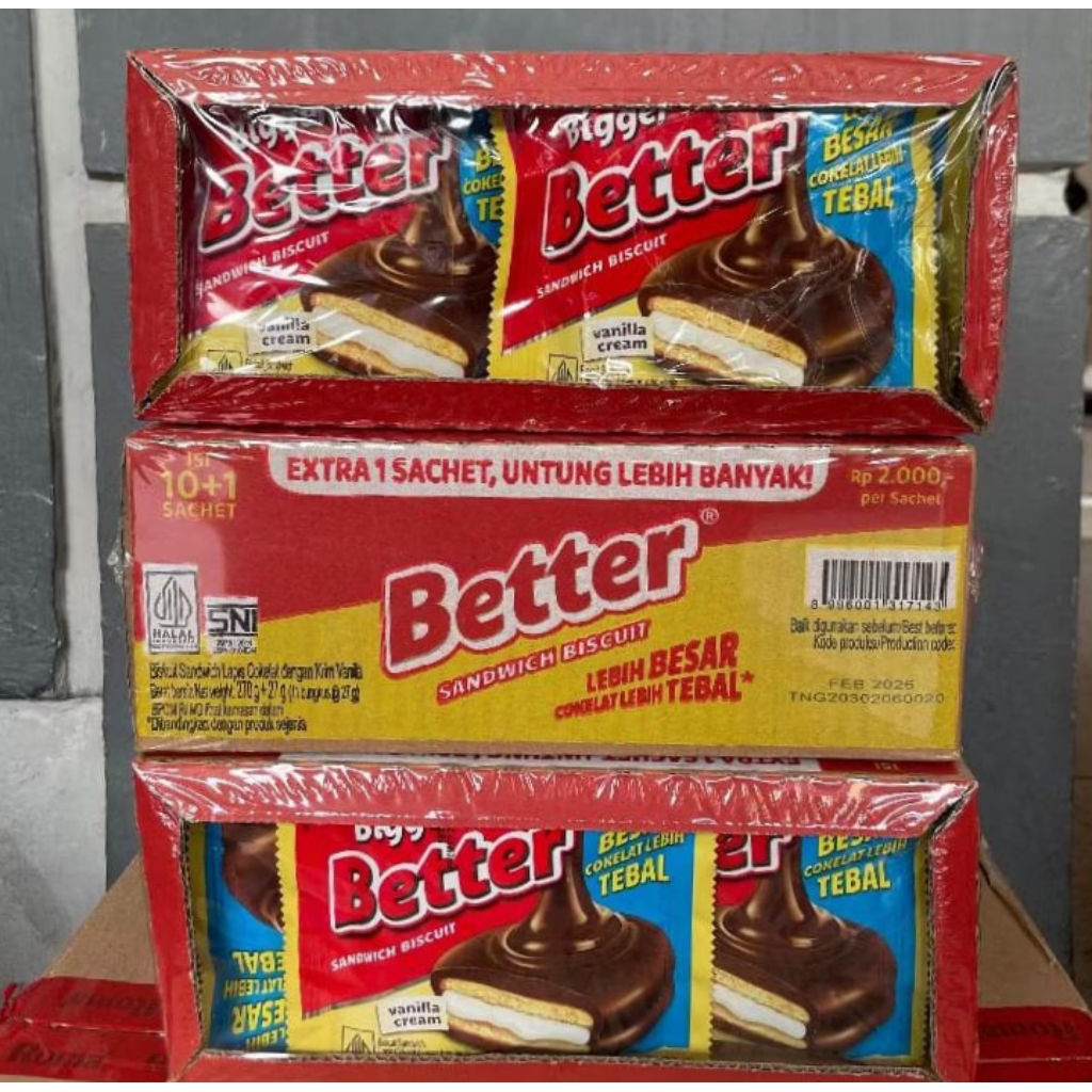 

Better Sandwich Biscuit 1Box Isi 10 Pcs (Extra 1 Pcs) Caramel / Coklat Vanila Cream