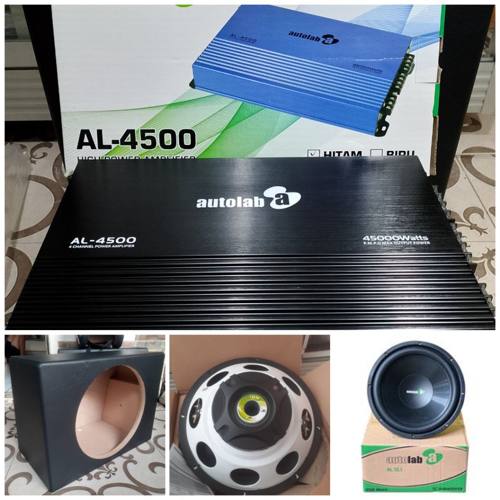 PAKETAN AUDIO MOBIL POWER 4 CHANNEL AUTOLAB + SUBWOOFER 12 INCH + BOX + KABEL SET PEMASANGAN
